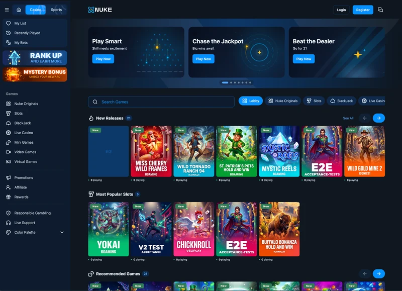nuke.ai online casino demo with promotional banners, game search, categories and game collections