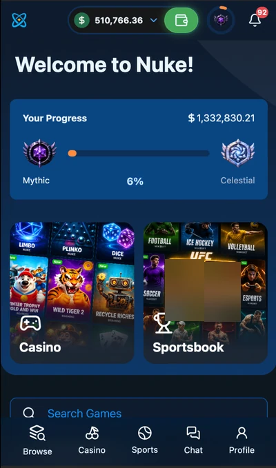 nuke.ai signed-in mobile demo lobby with a demo balance, progress, and casino and sportsbook entry points