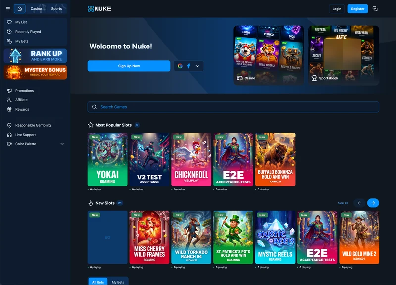 nuke.ai guest demo lobby with casino and sportsbook entry points, game search and game collections