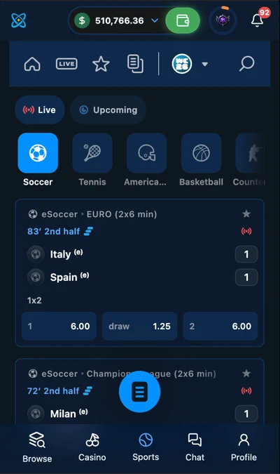 nuke.ai signed-in mobile sportsbook demo with a demo balance, sports navigation, live event cards and betting market selections