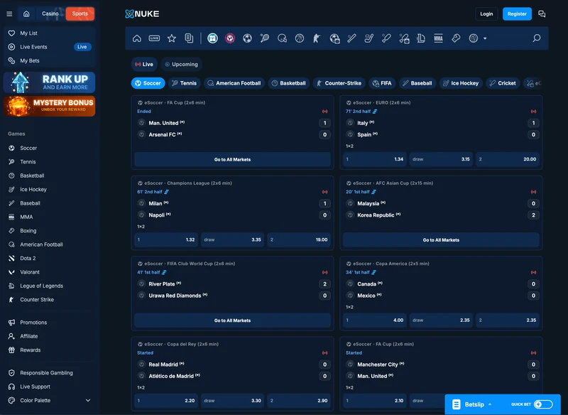 nuke.ai guest sportsbook demo with sports navigation, live event cards and betting market selections